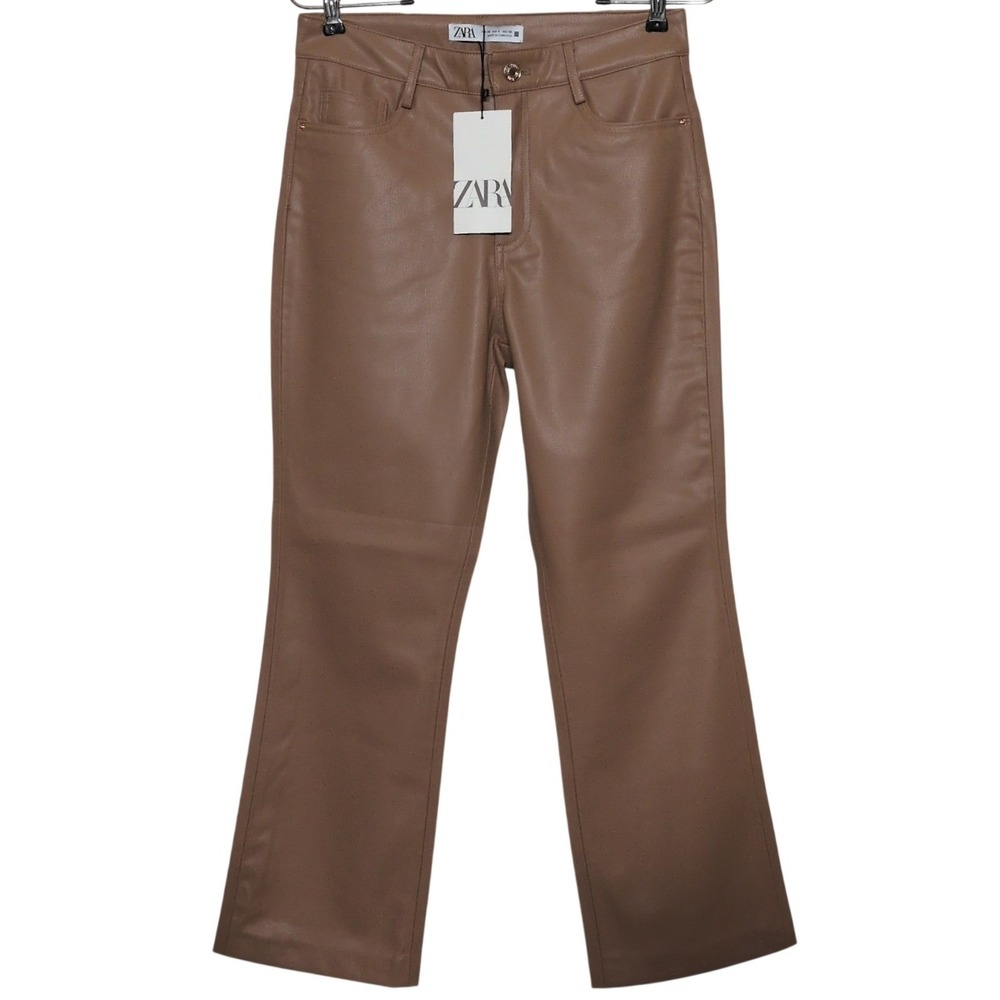 Zara Faux Leather Straight Leg Pants Tan Brown High Rise 4387/241/751 Size 4